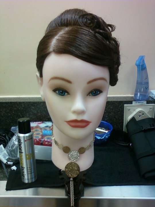 updo with pin curls on a long hair mannequin