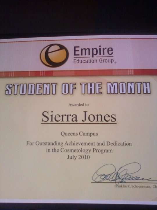 Student of the Month award from Empire Beauty School