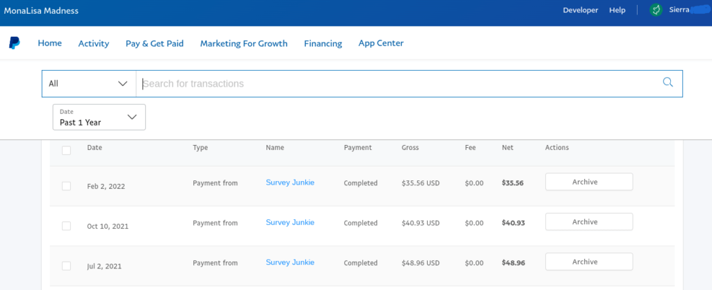 Survey Junkie paypal money deposit proof