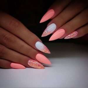 Peach Nails With Pink Glitter, pinky peach gel nail polish