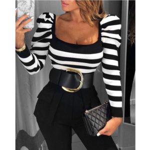 Long Sleeve Tops, black and white striped long sleeve top