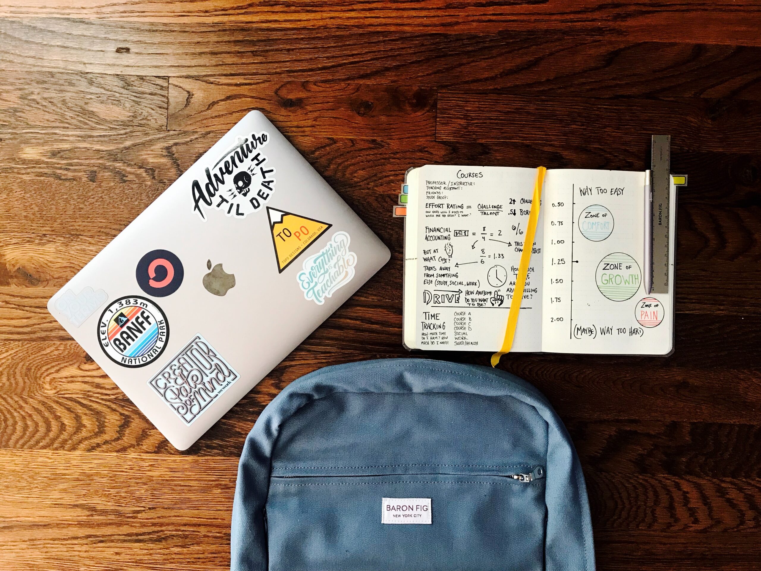 flat lay photography of blue backpack beside book and silver MacBook financial planning