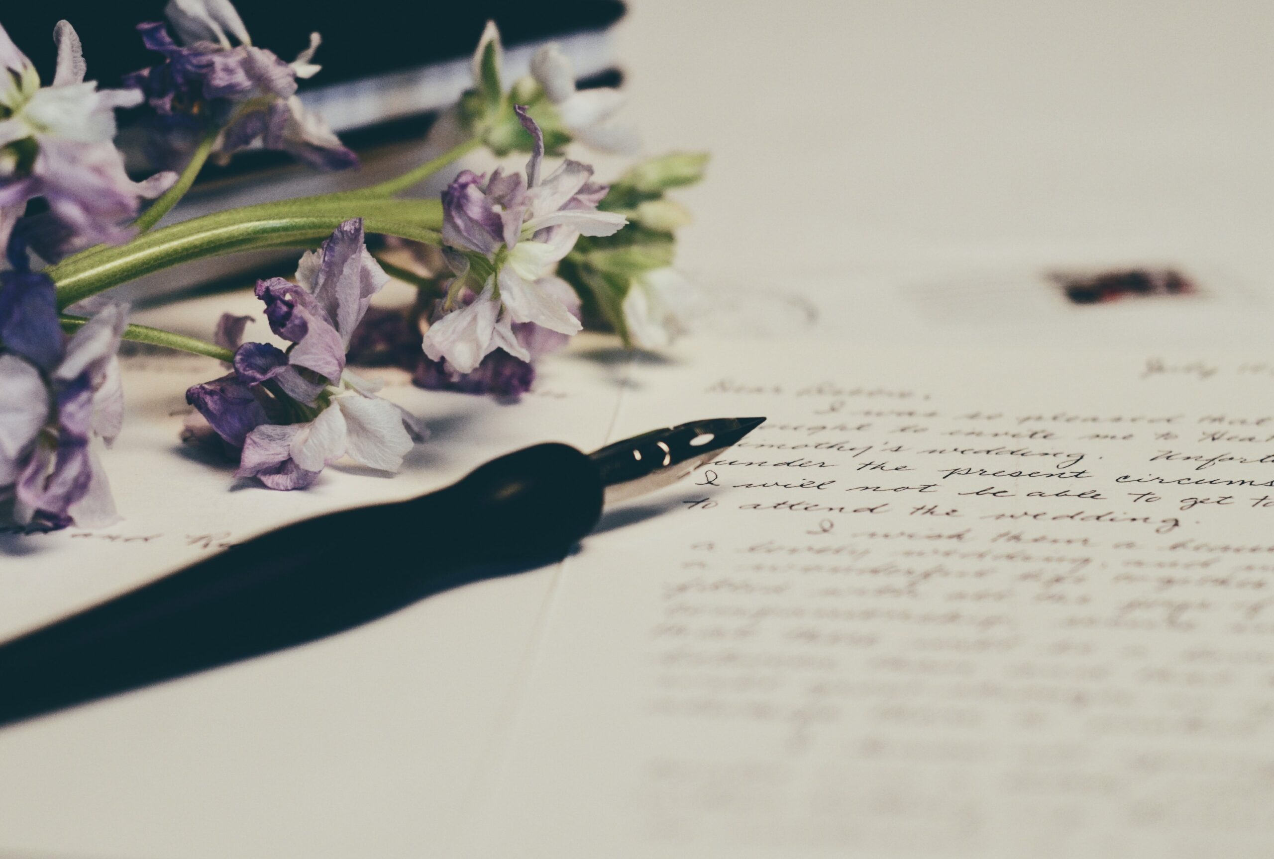 Story writing purple flowers on paper