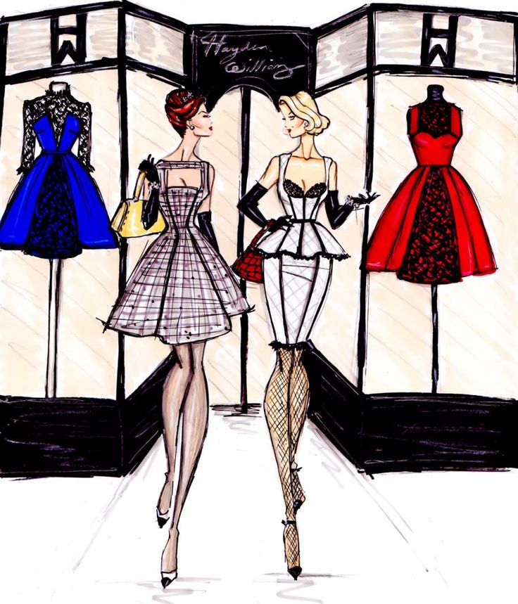 Design sketches of two women shopping, elegant, fashion store and personal shopper training courses