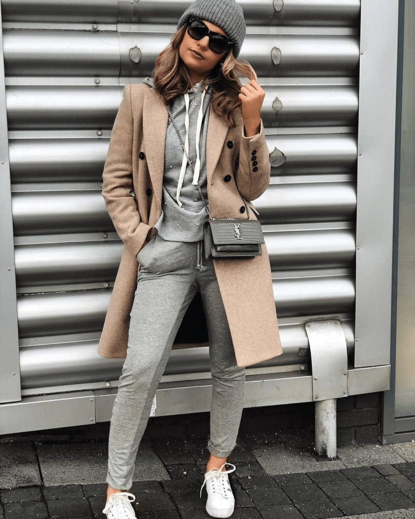 Gray two piece sweatsuit outfit with chain bag and long button peacoat, Best fall and winter fashion trends for 2023