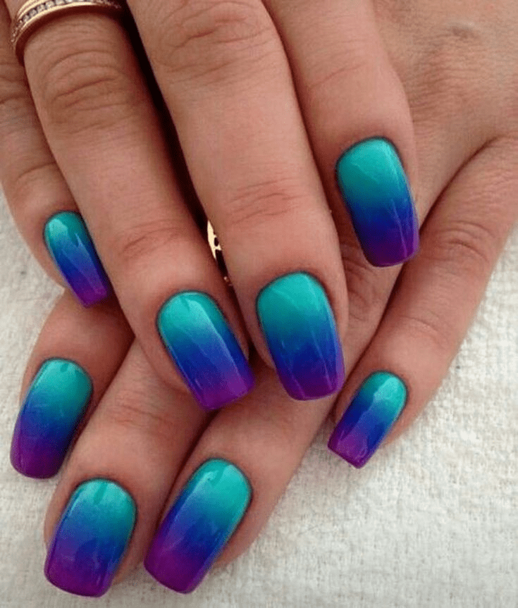 teal, blue and purple ombre nails