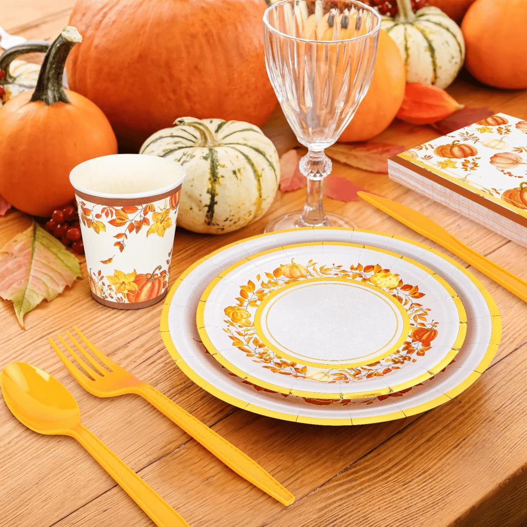 Whaline 175Pcs Fall Thanksgiving Disposable Tableware Set for 25 guests