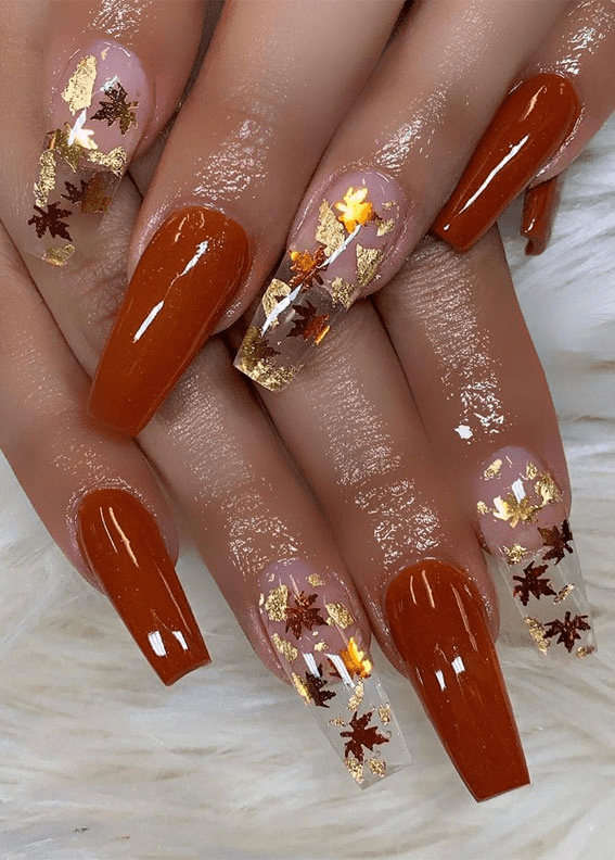 22 Trendy Fall Nail Art Design Ideas : Fall Leaves & Brown Mani
