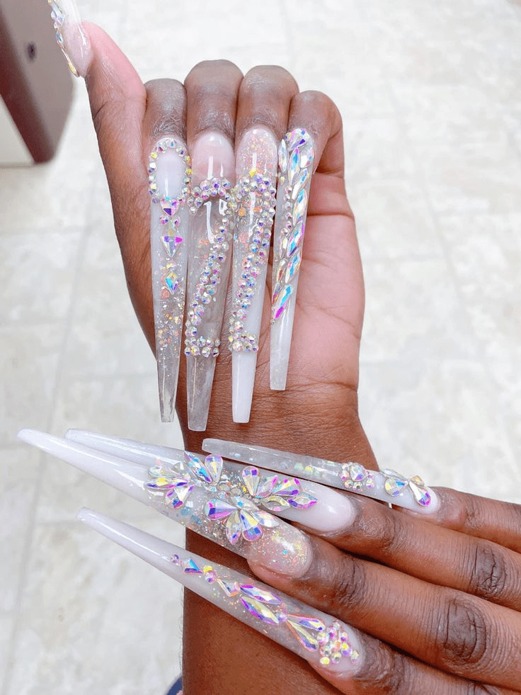 Long nails with nail charms and crystals