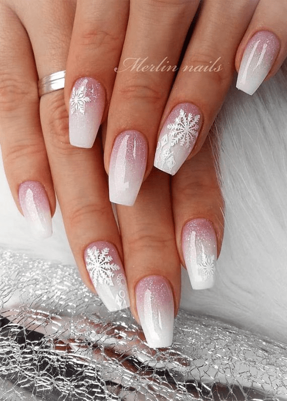 White Ombre snowflake nail design