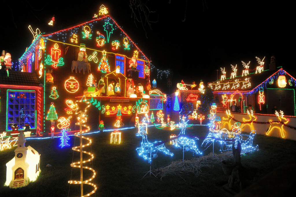 Christmas Traditions, Home decorated with Christmas lights 