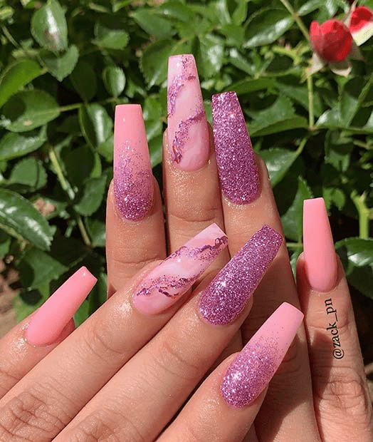 pink marble nails with glitter