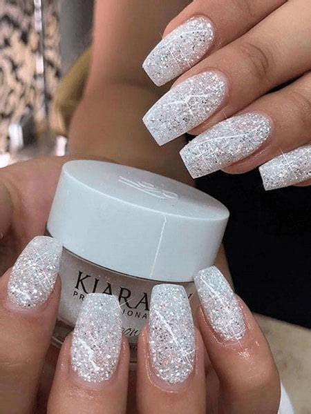 White glitter nail set with dip powder