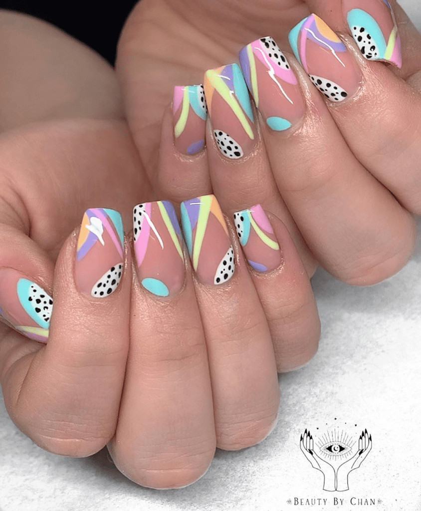 multi colored hand painted nail art