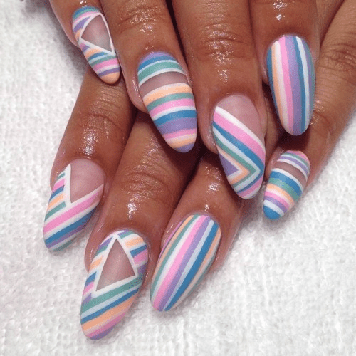 Hand painted nail art design, geometric nail art with stripes